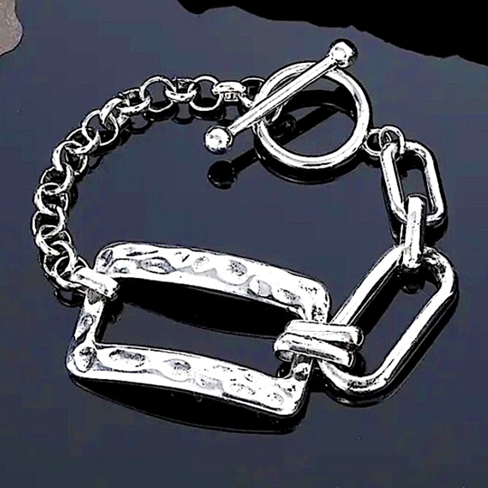 Stainless Steel Rectangular Bracelet Boho Hammered Chain Link